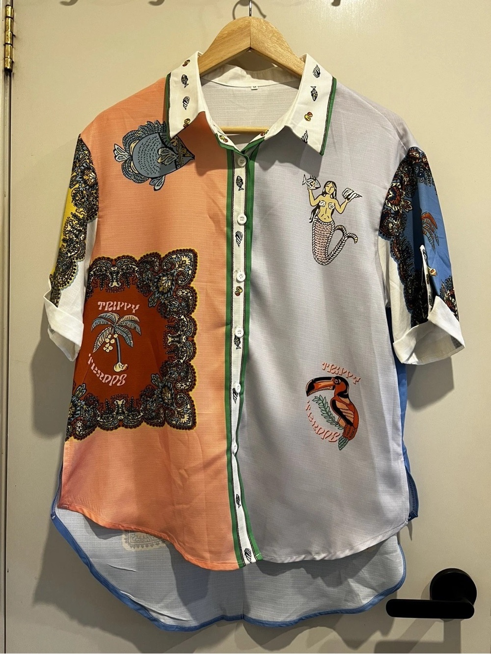Patchwork Print Short-Sleeve Blouse in Peach & Light Blue